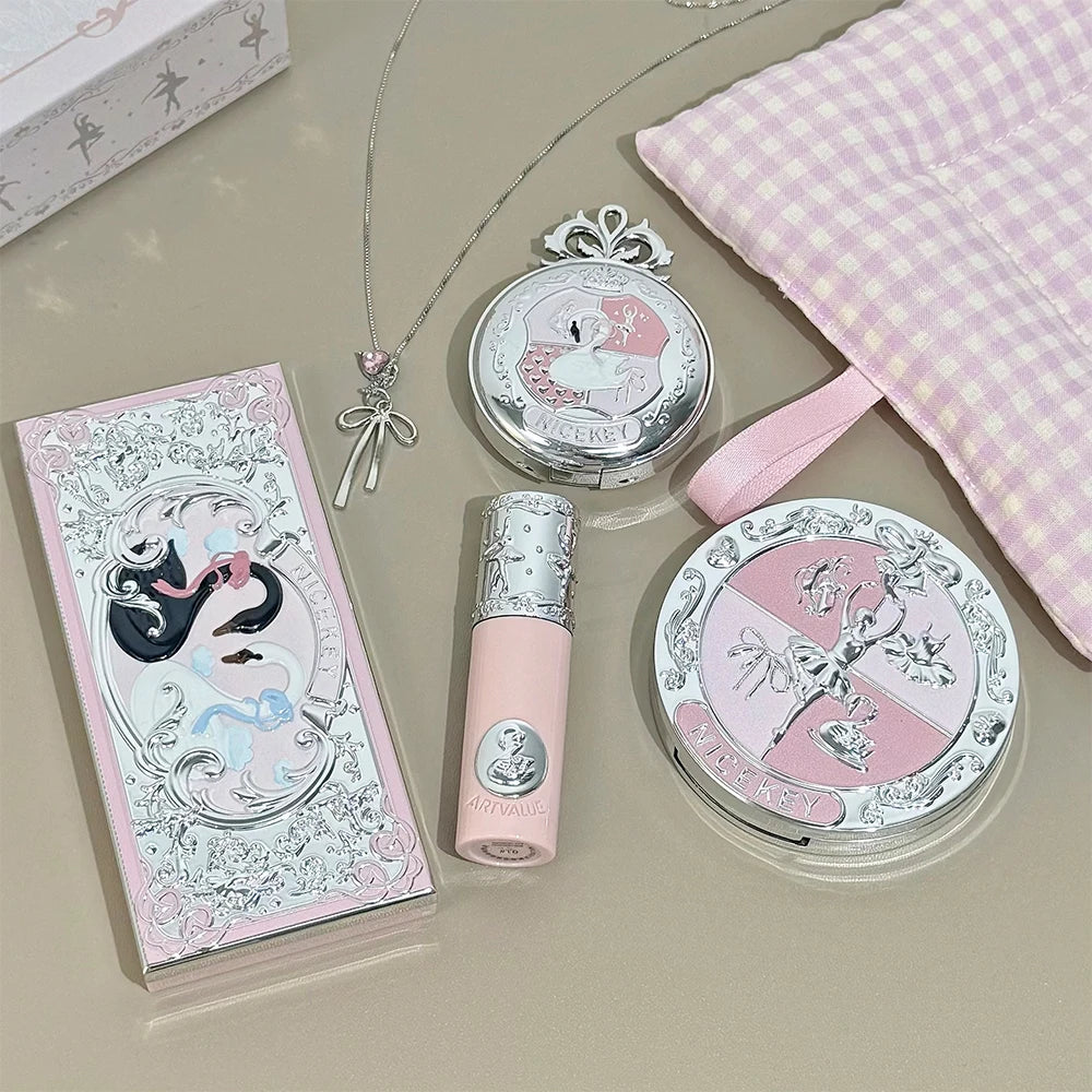 NICEKEY Pink Ballet Makeup Box Include 1*Lip mud,1*Pressed Powder,1*Highlight Powder,1*Eyeshadow Palette Powder With Necklace