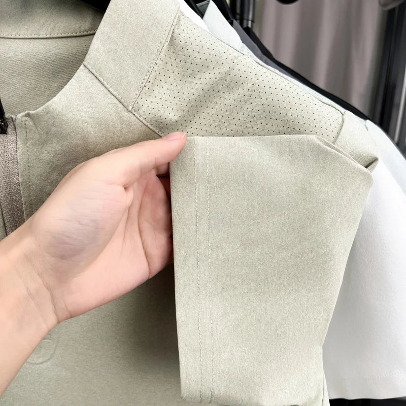 Men's Summer New Bear Embroidered T-Shirt Beach Casual Mesh Half Zipper Short Sleeve Soft Comfortable Splicing Men's Clothing