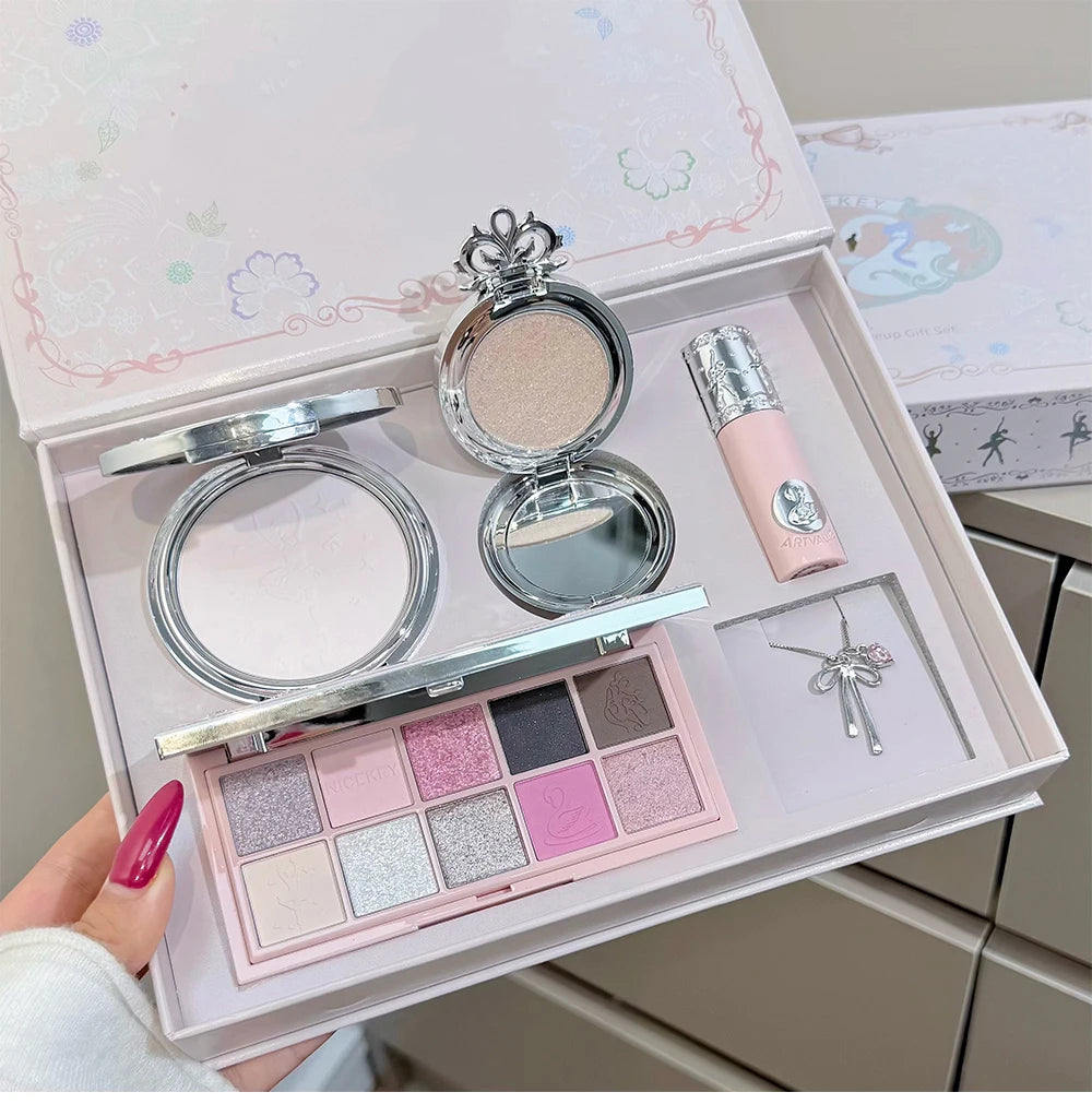 NICEKEY Pink Ballet Makeup Box Include 1*Lip mud,1*Pressed Powder,1*Highlight Powder,1*Eyeshadow Palette Powder With Necklace