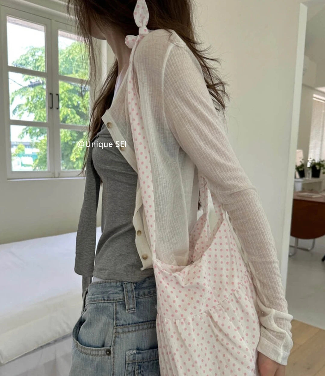 Summer Spicy Girl  Knot Tie Neck Vest Top Washed Denim Blue Women's Fashion Straight Cut Outerwear Short Length