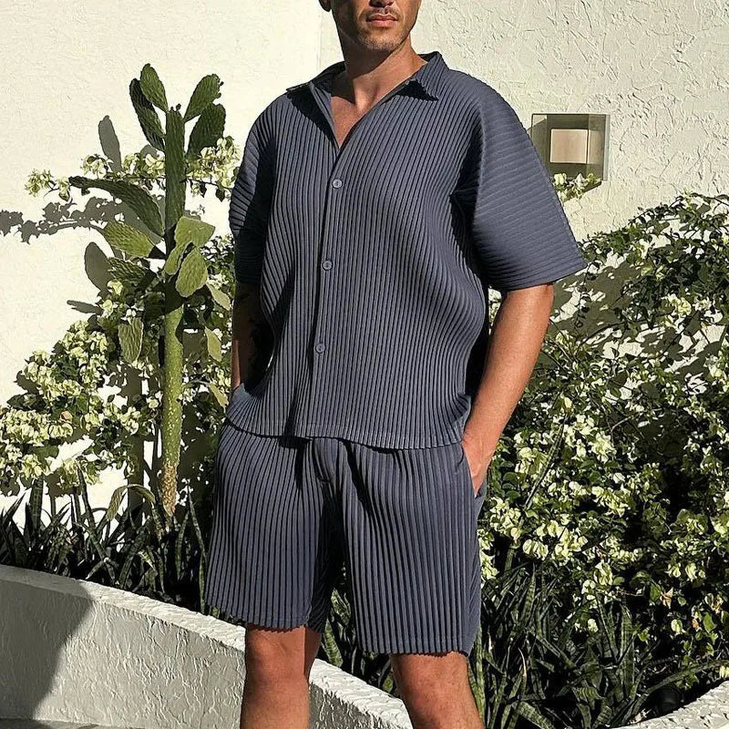2026 European and American Men's Shirt Casual Loose Short-sleeved Shorts Beach Suit