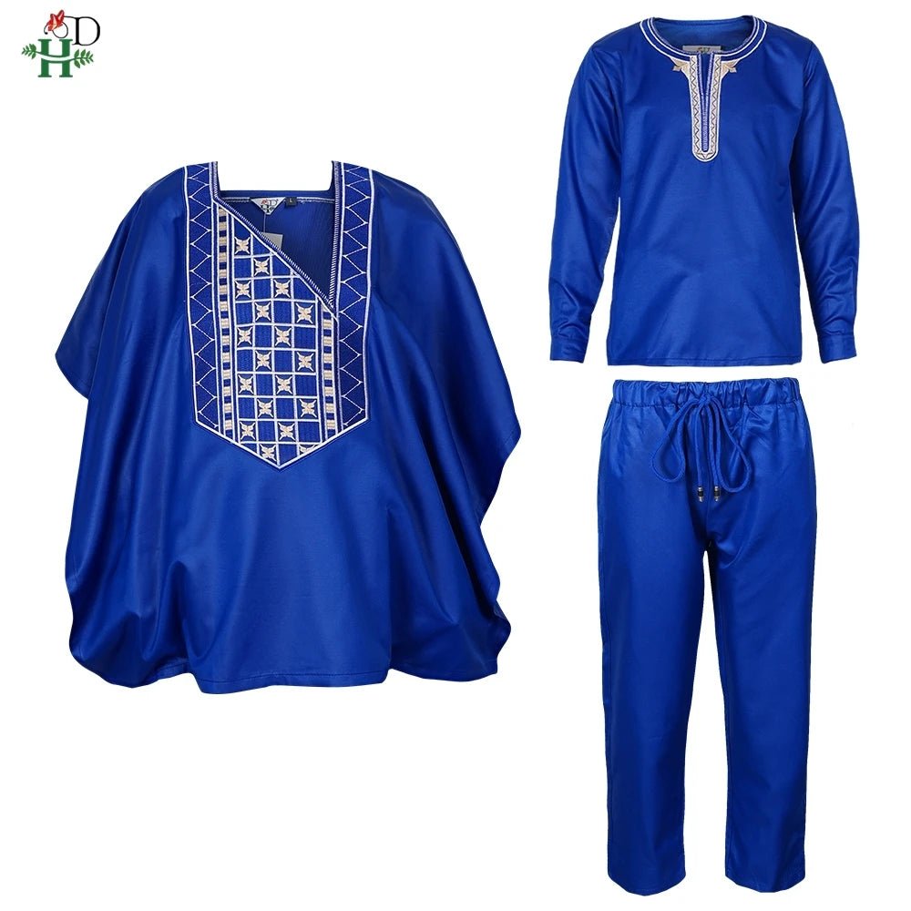2025 New African Traditional Clothes For Kids Boy White Blue 3 PCS Set Long Sleeve Tops Embroidery Dashiki Robe Shirt Pant Child