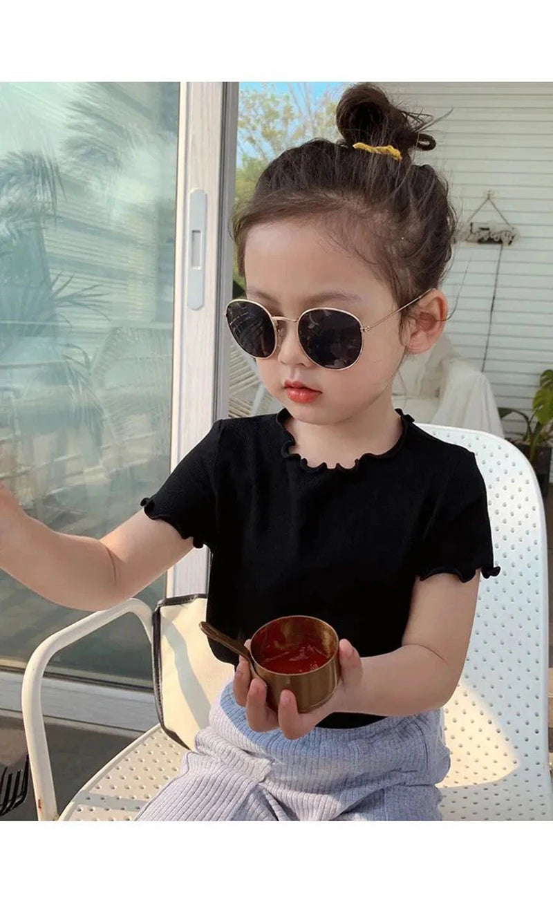 Baby Girls T-Shirt Summer Kids Short Sleeve Tops Tees Soft Ice Silk Fabric Toddler Solid Color Shirts Children's Clothing 1-10Y