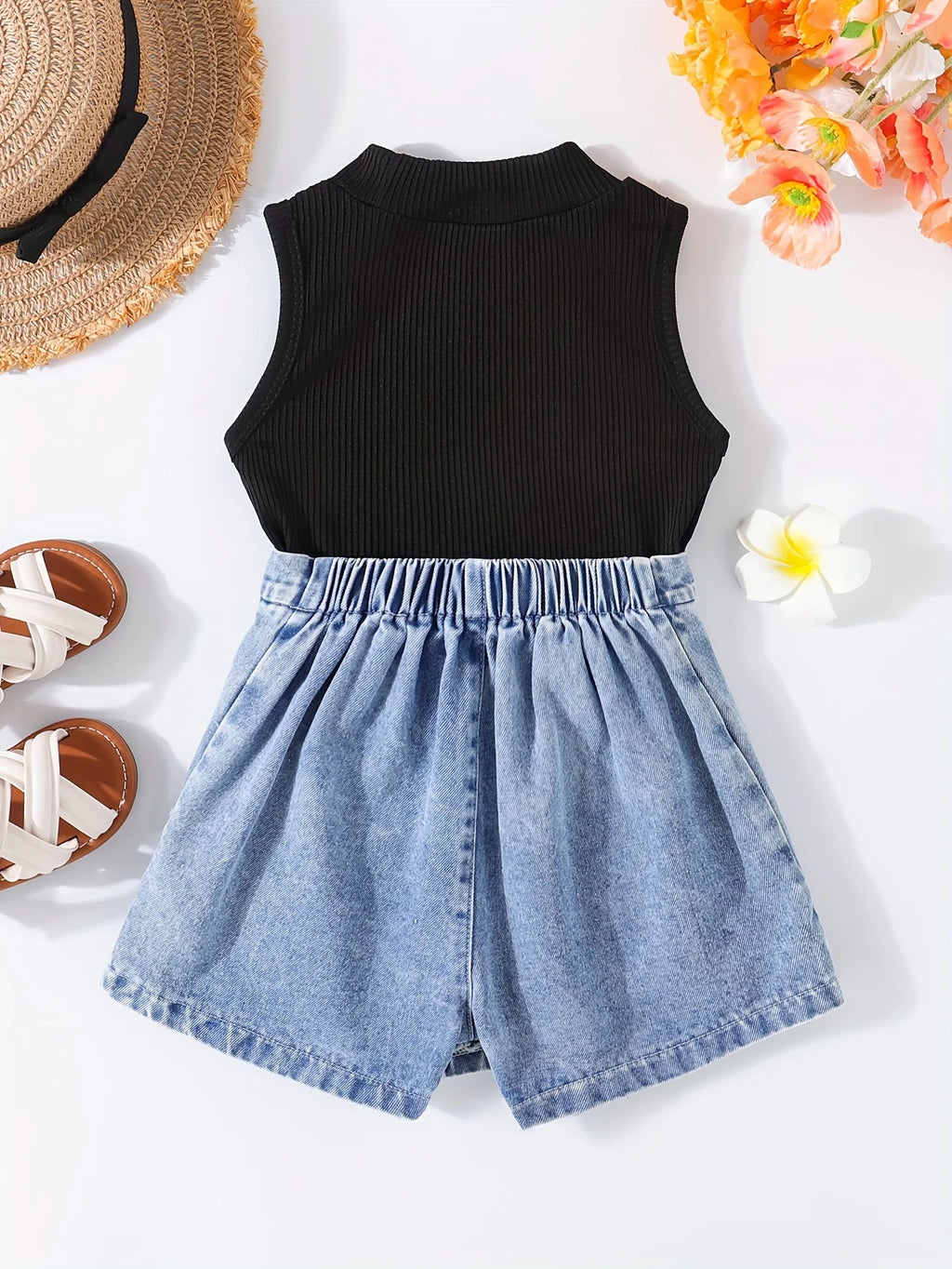 Girls' two-piece summer small round neck sleeveless pearl decoration top paired with denim shorts, fashionable and simple