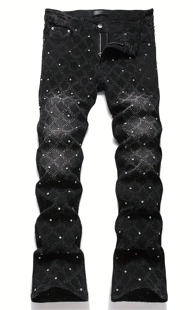 Men's Jeans with Nail Rhinestone Decoration, Shiny Stretch Straight-Leg Jeans, Street Style Hip-Hop Skateboarding Rap Party Dance Pants, Suitable for All Seasons