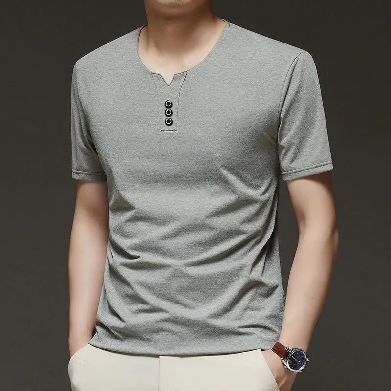 Three Button V-neck T-shirt Men 2026 New Men's Business Casual Short Sleeve Tshirt Korean Style Summer Comfortable Versatile Top