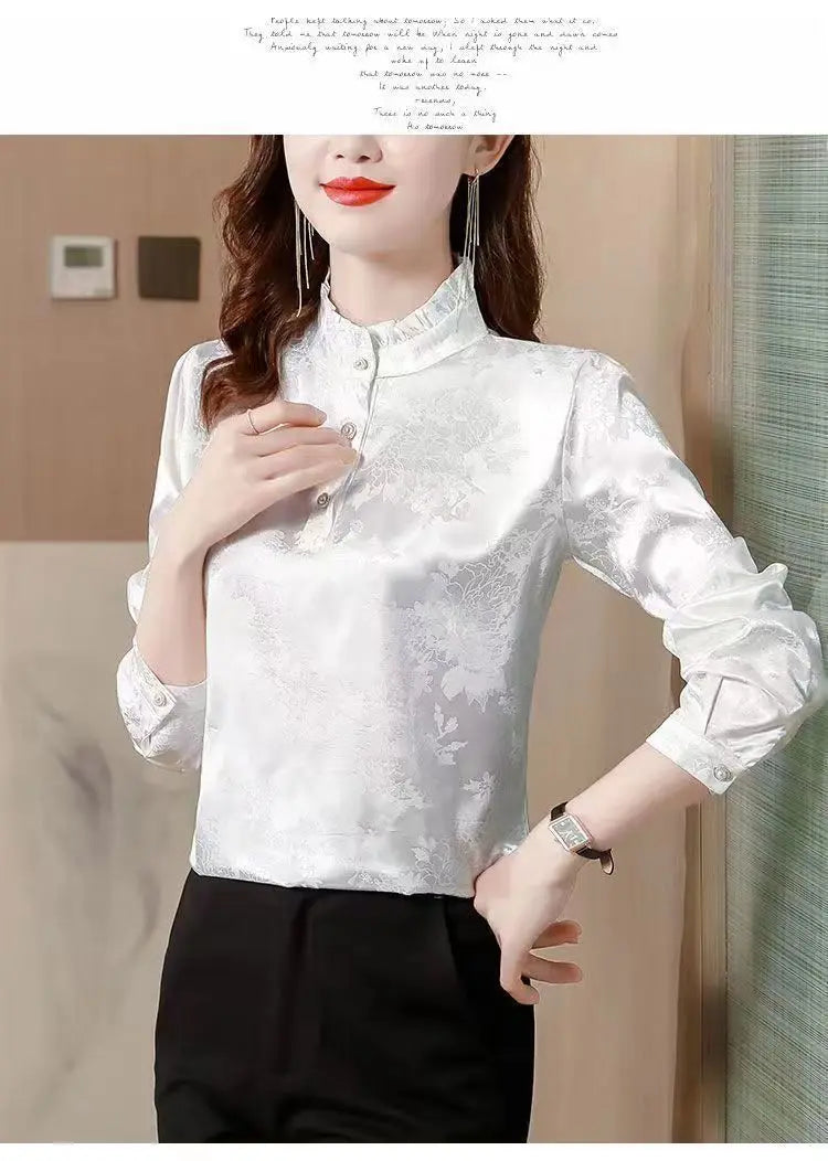 Premium Satin Blouse Women Spring Age-Reducing Print Loose Long Sleeve Top Fashion Elegant Collar Shirt