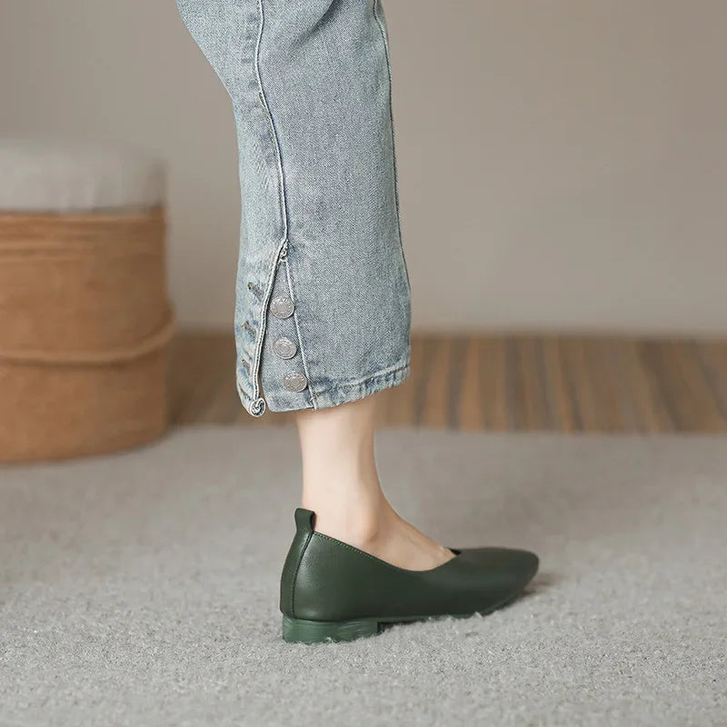 Genuine Leather Multi-color Low-heeled women's Shoes  Round Toe Flat Bottom Shallow Cut Single Shoe Casual Versatile Loafers