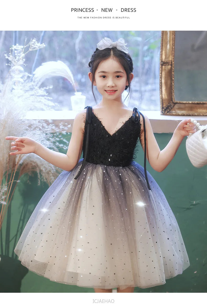 Teen Girl Clothes New Girls Strappy Tie Princess Dress Casual Fashion Kids School Event Host Gown Daily Wear Party Outfit Summer