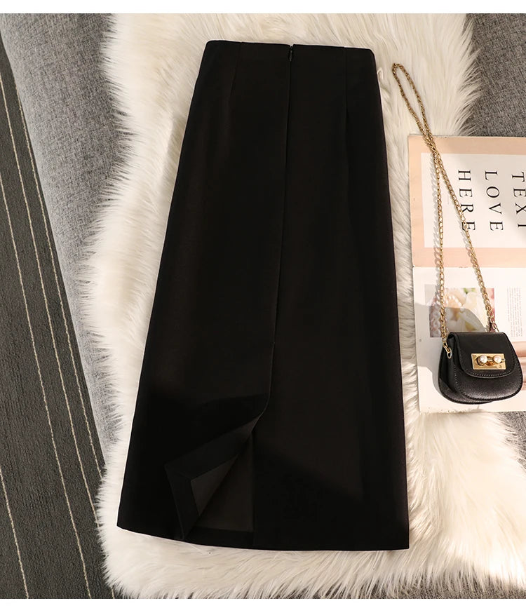 Elegant Office Ladies Work Suit Straight Skirt Women Autumn Winter Korean Fashion High Waist Split Business Midi Long Skirts