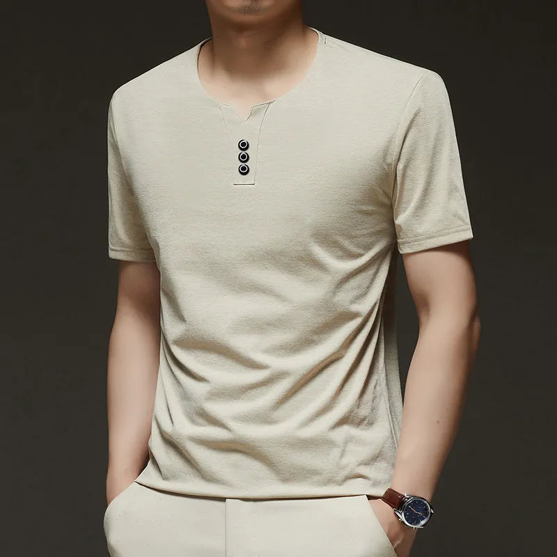 Three Button V-neck T-shirt Men 2026 New Men's Business Casual Short Sleeve Tshirt Korean Style Summer Comfortable Versatile Top