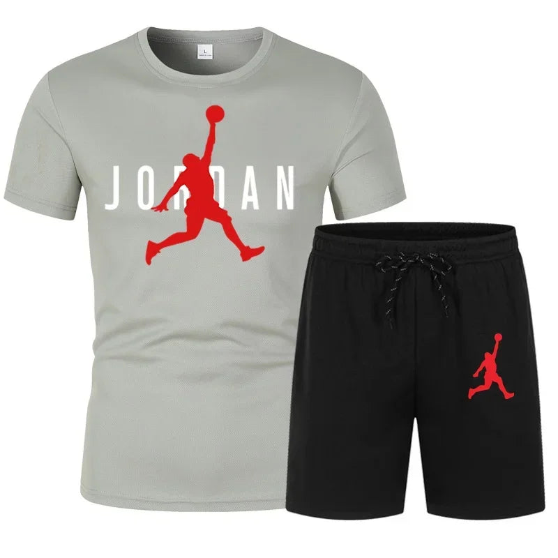 New summer men's casual sportswear set, fashionable and breathable men's round-neck short-sleeved T-shirt + jogging shorts