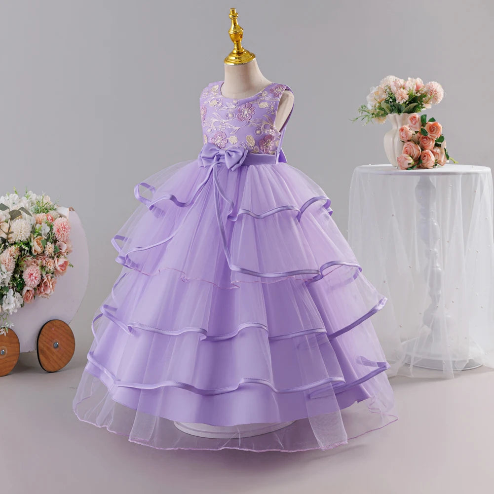 Girls Princess Dress Sleeveless Lace Embroidery Tiered Tulle Bow Formal Evening Gown for Wedding Birthday Party Christmas