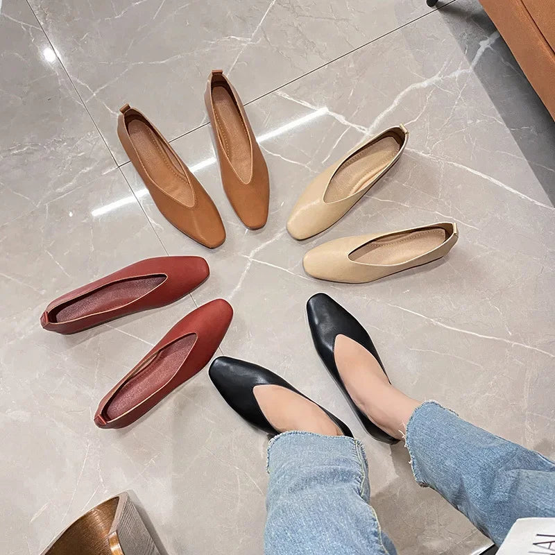 Genuine Leather Multi-color Low-heeled women's Shoes  Round Toe Flat Bottom Shallow Cut Single Shoe Casual Versatile Loafers