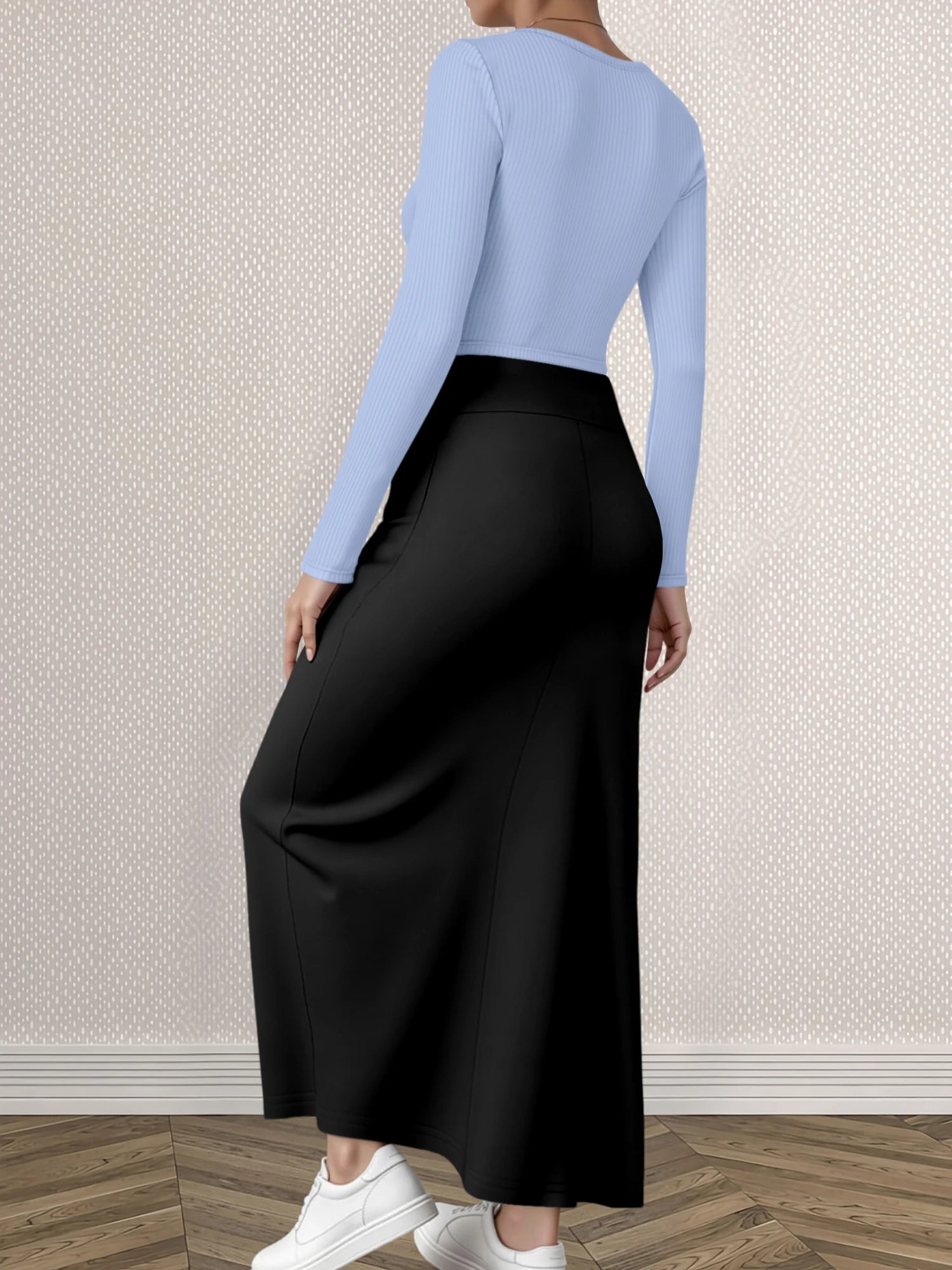 Mature Style Women 2Pcs Outfit, Ribbed Square Neck Crop Top + High Waist Draped A-Line Maxi Skirt