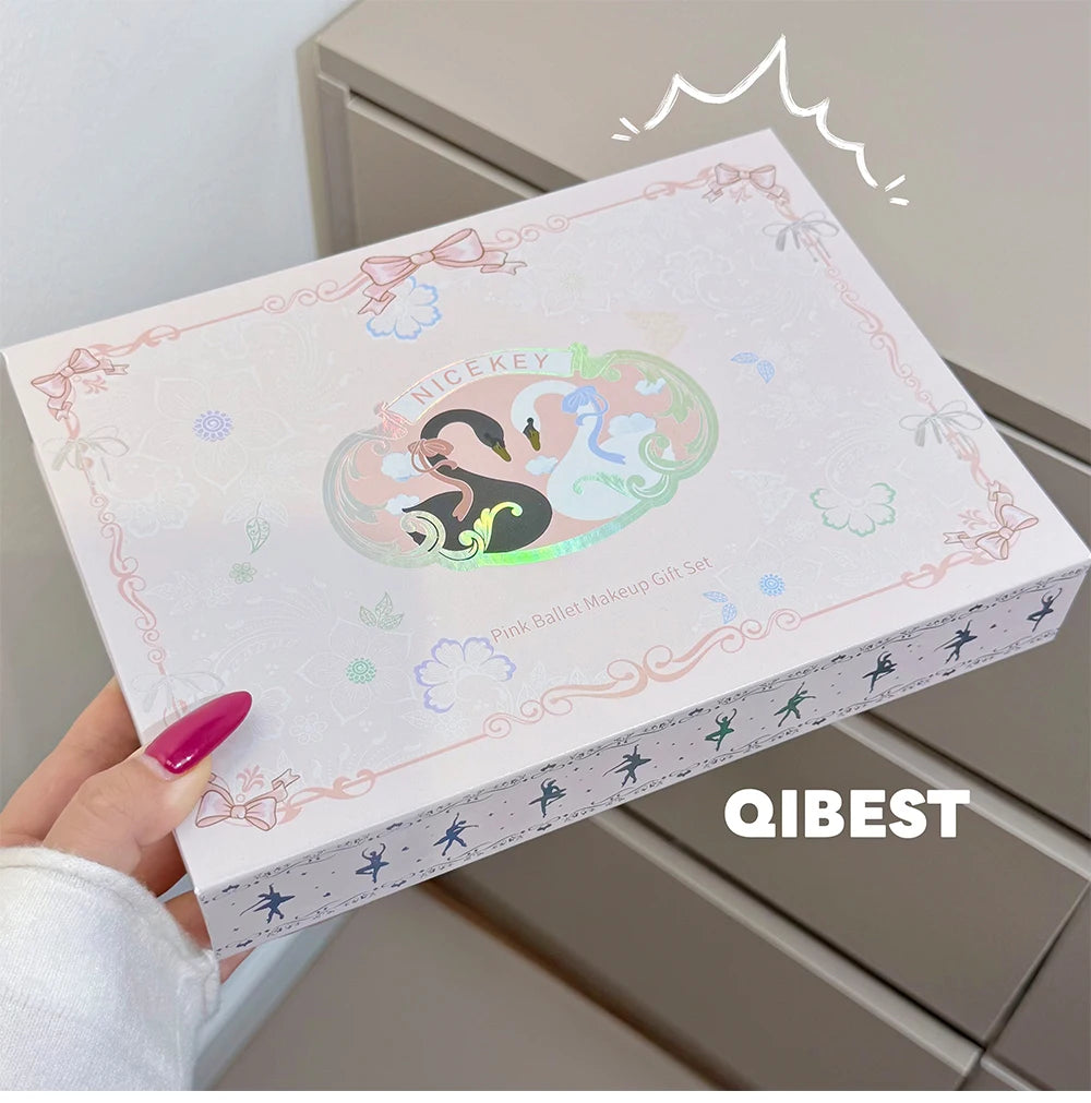 NICEKEY Pink Ballet Makeup Box Include 1*Lip mud,1*Pressed Powder,1*Highlight Powder,1*Eyeshadow Palette Powder With Necklace