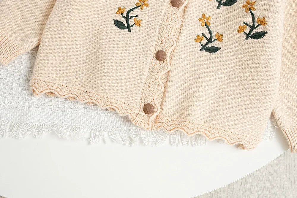 Baby Girl Clothes Girls Knitted Sweater Set Embroidered Flower Design Two-Piece Jacket And Pants Spring Autumn Korean Style
