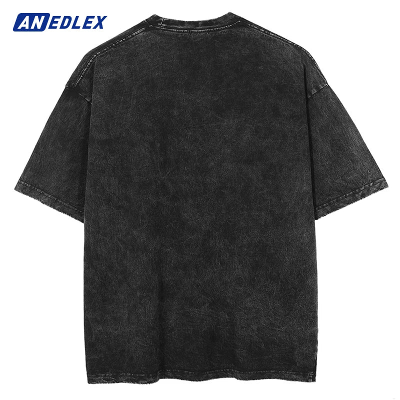 Men Streetwear Vintage Washed Black T-Shirt Anime Graphic T Shirt Oversized Hip Hop Tshirt Harajuku Cotton Tops Tees