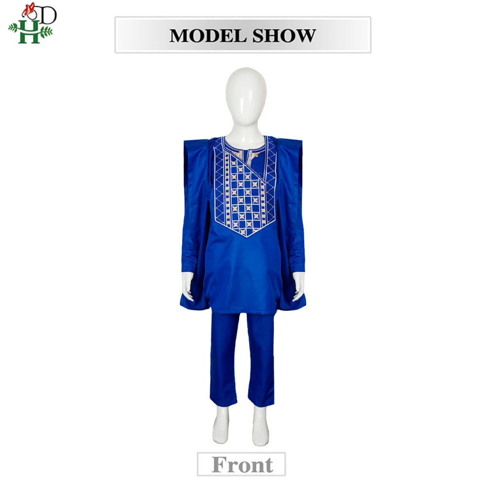 2025 New African Traditional Clothes For Kids Boy White Blue 3 PCS Set Long Sleeve Tops Embroidery Dashiki Robe Shirt Pant Child