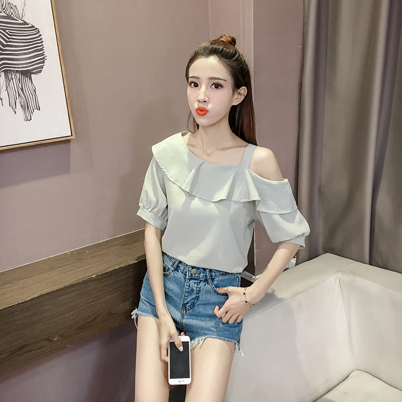 Fashion Women Blouses Sexy Slash Neck Chiffon Women Blouse Shirt Short Sleeve Summer Ladies Tops