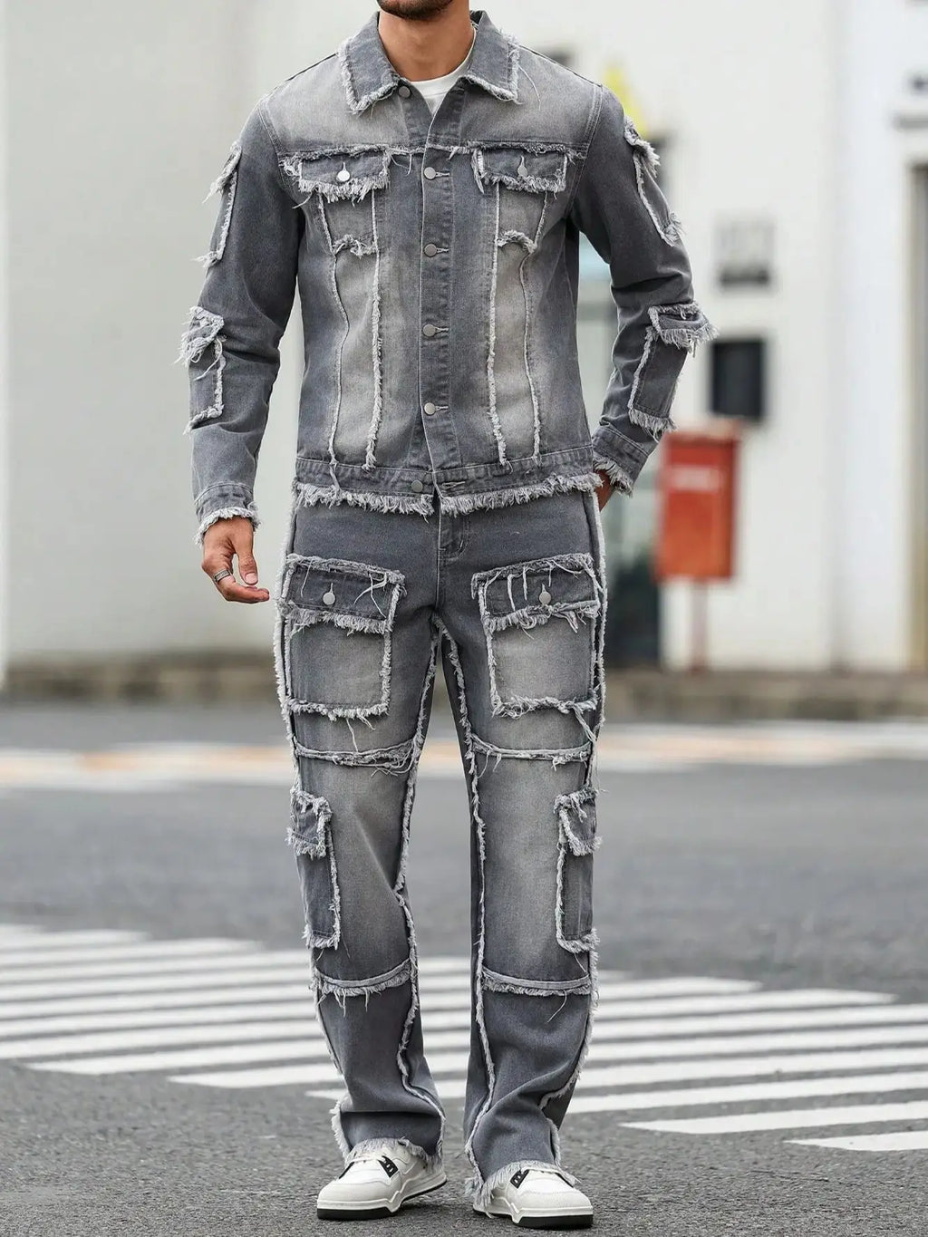 Men's Street Style Casual Distressed Raw-Hem Grey Denim Set, a minimalist and fashionable two-piece ensemble.