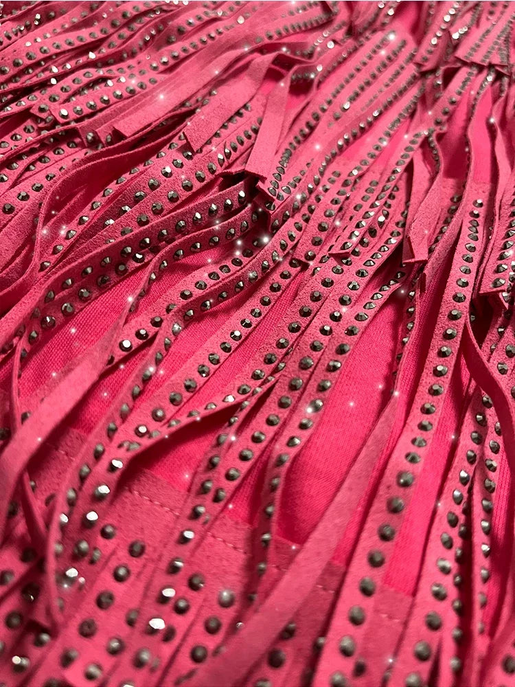 Women Skirt Fashion 2025 New Autumn High Waist Belt Multi Layer Short  Heavy Drilling Rhinestones Fringed Skirt with Cake A Line
