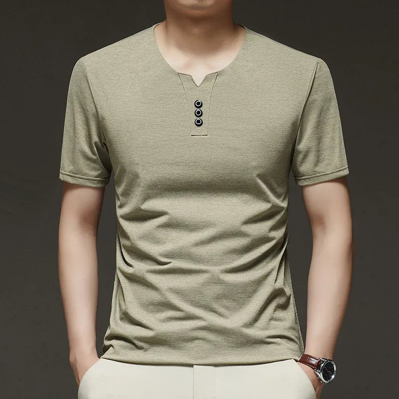 Three Button V-neck T-shirt Men 2026 New Men's Business Casual Short Sleeve Tshirt Korean Style Summer Comfortable Versatile Top