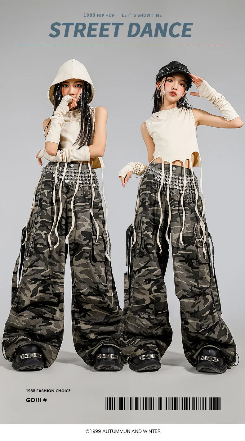 Kid Modern Dance Clothes Girl Jazz Dance Lace up Crop Hoodie Camouflage Pants Navel Performance Suit Kpop Group Stage Costume