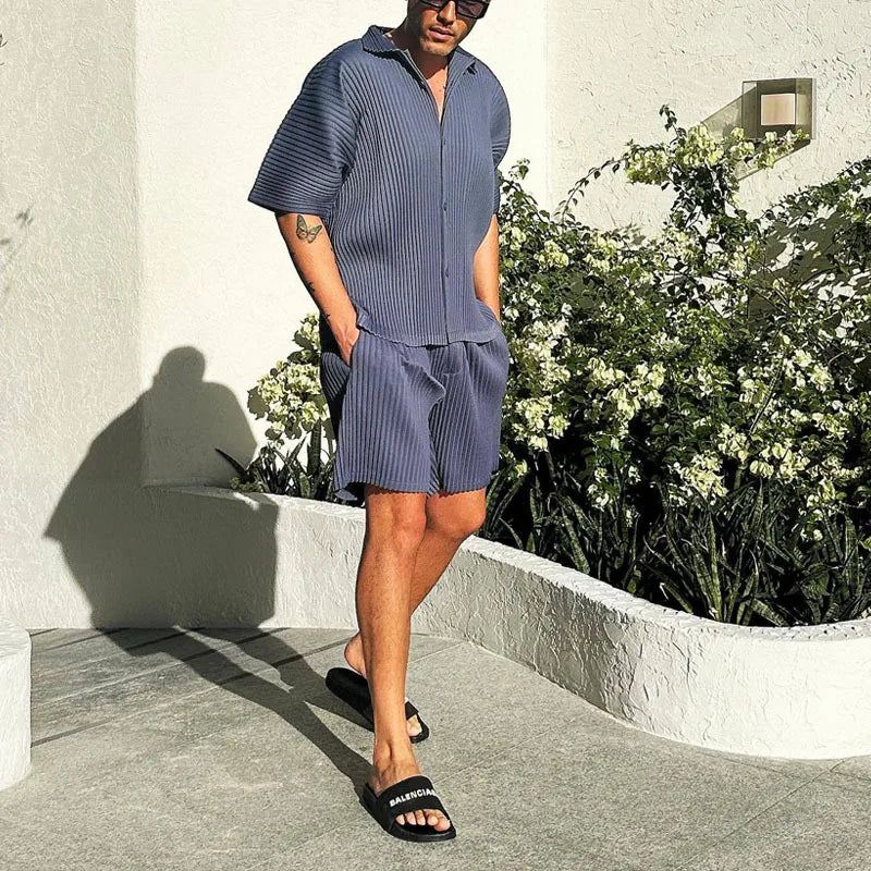 2026 European and American Men's Shirt Casual Loose Short-sleeved Shorts Beach Suit