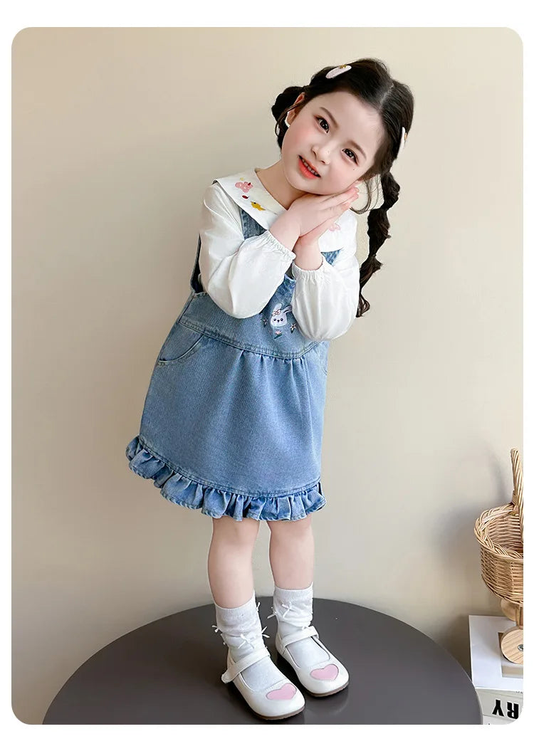 Girls Shirt Set Spring 2026 New Foreign Style Two-piece Set Baby Denim Strap Skirt