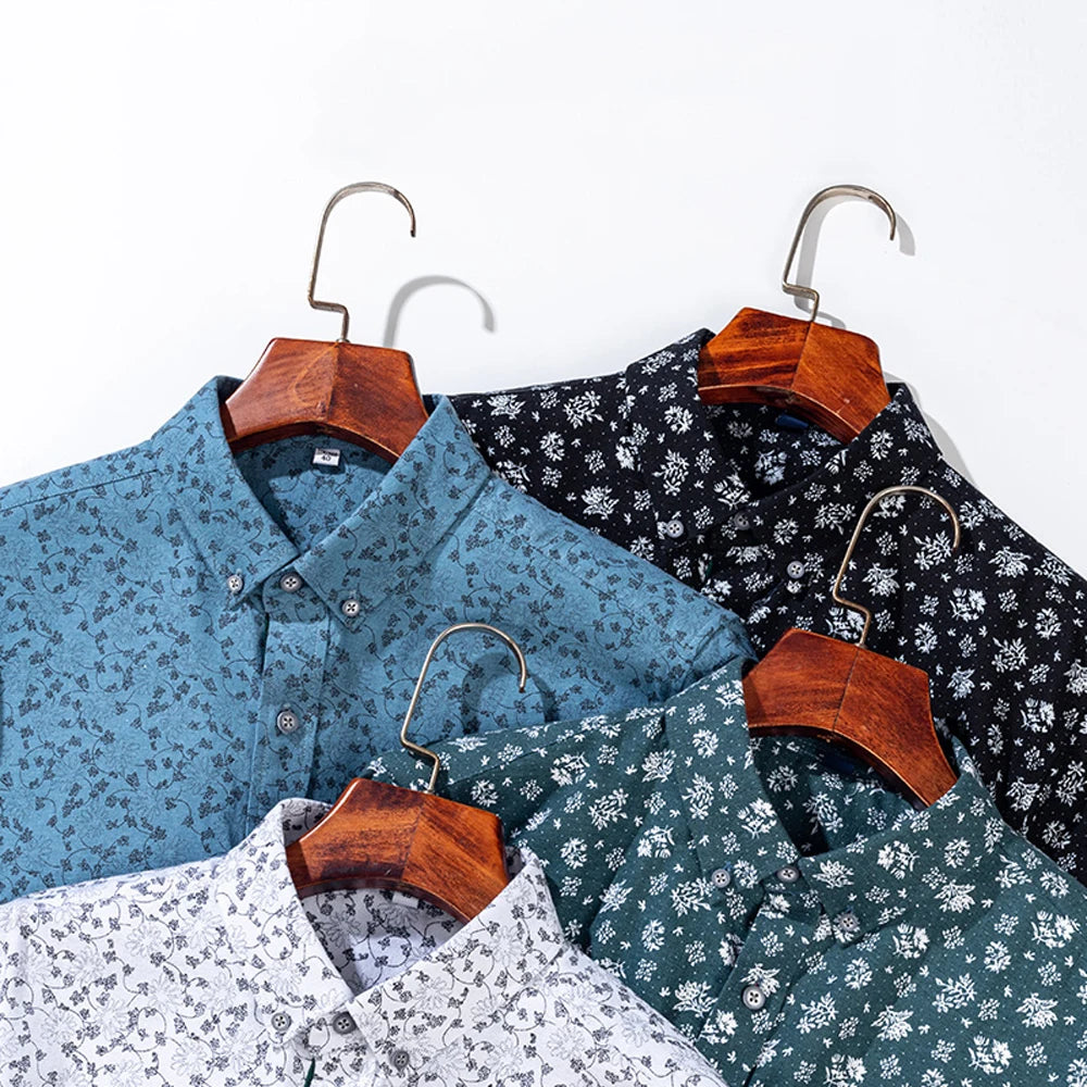 Men's Stylish Floral Print Button-Up Collar Dress Shirt with Stripe Placket, Holiday Style 100% Cotton Long Sleeve Oxford Shirts