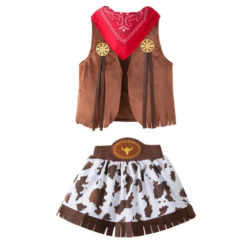 2025 Kids Toddlers costume cowgirls Cosplay 3pc suit purim event Holiday BIRTHDAY outfits Hat Scarf Shirt waist coat Skirt