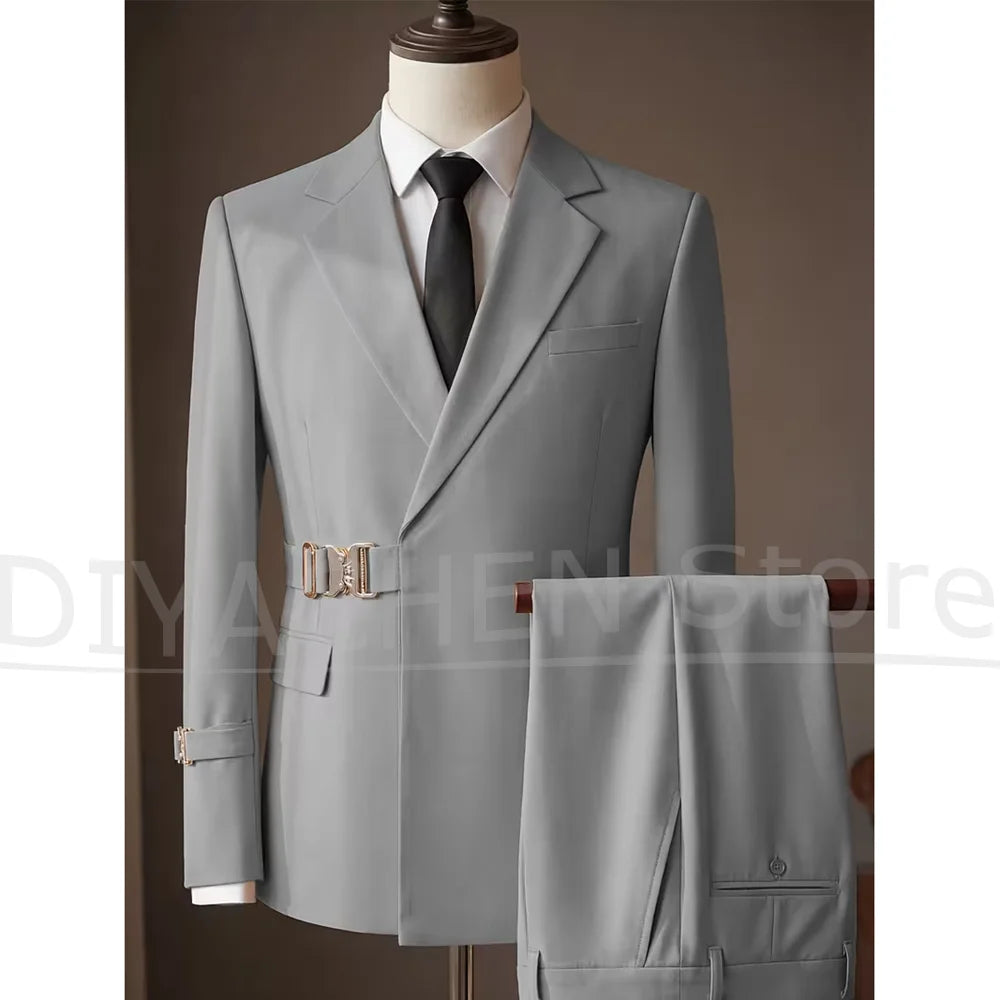 Men Suit 2 Piece Set With Gold Buckle Belt Notch Lapel Outfit Slim Fit Formal Wedding Groom Blazer Pants For Banquet Prom Party