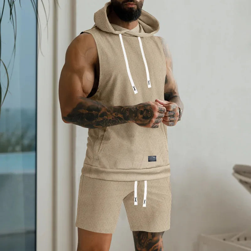 2026 Men's Casual 2 Piece Set Fashion Jacquard Knitted T-shirt Hooded Sleeveless Vest Elastic Waist Shorts Jogging Fitness Suit