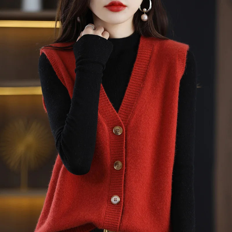 Girls Wear New Women's Loose High-End Waistcoat Knit Vest Wool V-Neck Solid Color Button Sleeveless Fashion Coat Cardigan Trend