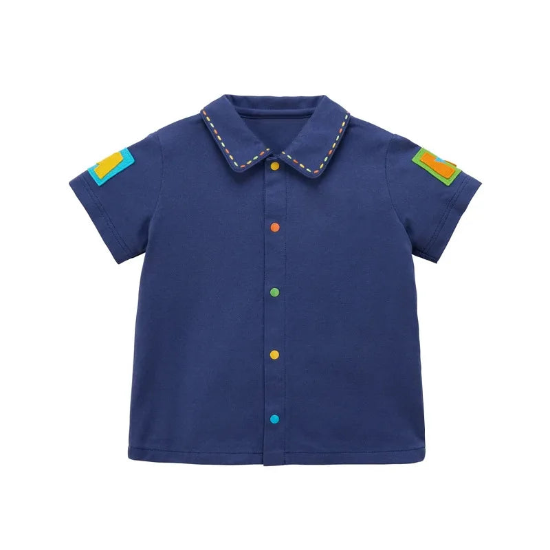 2026 Summer Kids Button Down Shirt Baby Boy Girl Casual Cotton Blouse Colorful Buttons Alphabet Embroidery Undershirt Tops