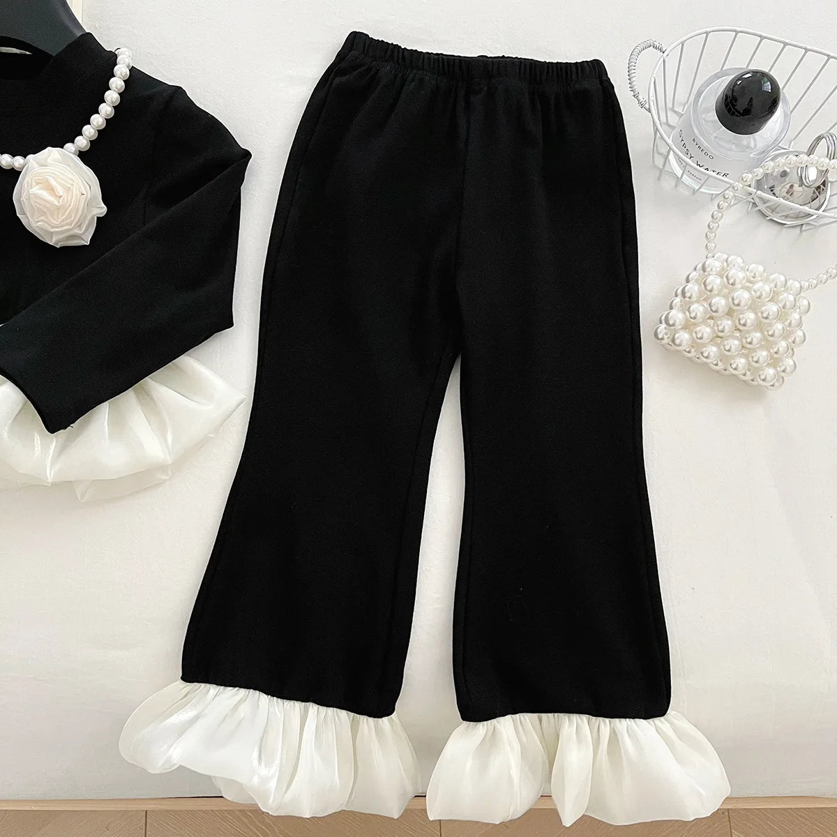 Girls 2 Piece Autumn 2025 New Long Sleeve Lace Solid Color Simple Fashionable Top Childrens Pants Baby Girl Set