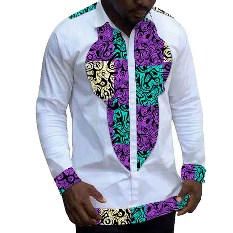 Nigerian Fashion White Men's Shirts Modern Design Casual Shirt Patchwork Long Sleeved Lapel Top African Couture Party Wear