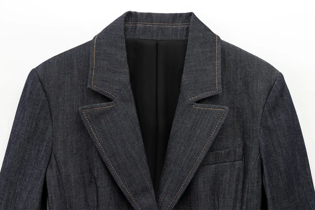 HH Women Denim Blazer Coat Single Breasted Long Sleeve Lapel Suit Jacket With Pockets Female 2025 Spring New Fashion Outwear