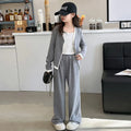 Korea Style Girls Casual Clothing Sets Single Button V-Neck Fake Splice Top and Pants Two Pieces Grey Khaki Kids Teenage Outfits
