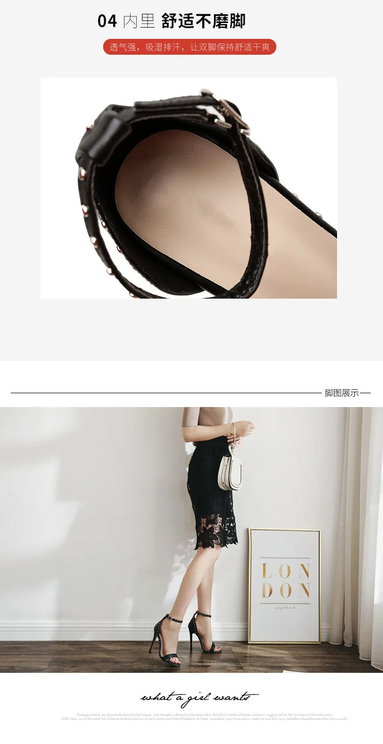 Women Sandals High Heels 2025 Summer Thin Heel PU Leather Rivet Peep Toe Sexy Party Shoes Sandalia Feminina Zapatos Mujer
