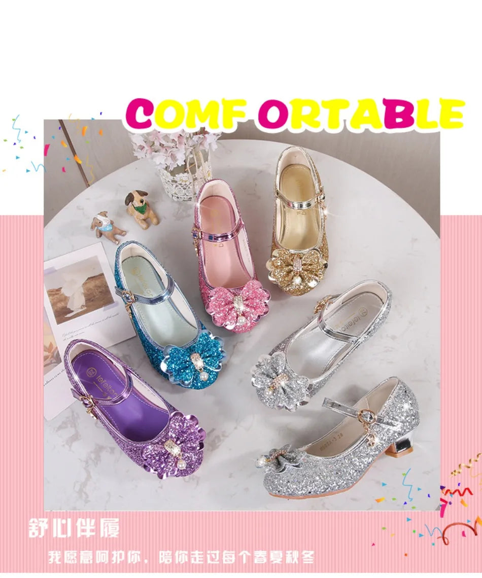 Classic Bow Girl Pu Leather Shoes For Girls Party Dance Children Shoes 3-14 Years Princess High Heels Child Wedding Shoes HSD09