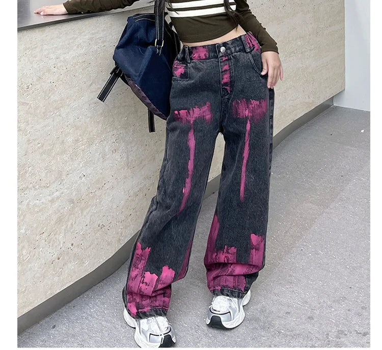 Kids Jeans for Girls Fashion Graffiti Dyeing 2025 Spring Autumn Hot Sales Teenager Unique Wide Leg Pants Korean Style Trousers