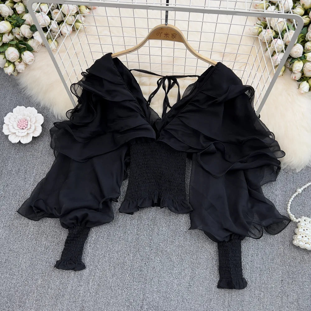 Women Blouse Shirts V Neck Lantern Sleeve Sexy Blouses Casual Work Party Club Ruffles Slim Elegant Splice High Waist Y2k Tops
