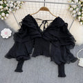 Women Blouse Shirts V Neck Lantern Sleeve Sexy Blouses Casual Work Party Club Ruffles Slim Elegant Splice High Waist Y2k Tops
