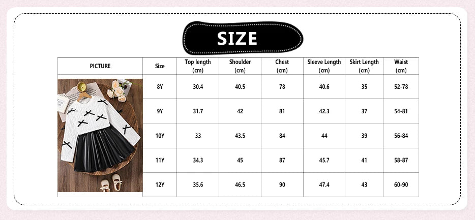 Girls Suit Autumn New 2PCS Solid Color White Bow O-Neck Long Sleeve Top & Black Skirt For Girls 8-12 Years Kids Fashion Outfit