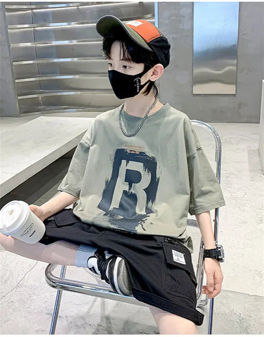 New Kids Boy Casual Tshirts Tops Novelty Printed Summer Children's T-shirt Short Sleeve Clothes Teenager Khaki Black Cotton Tees