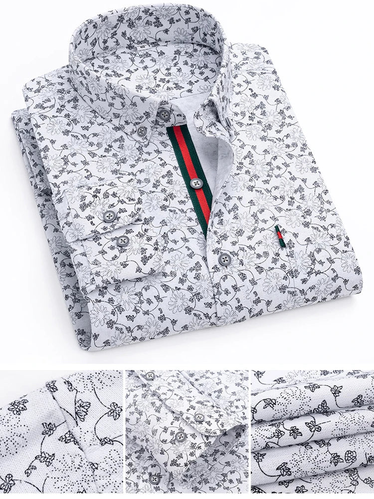 Men's Stylish Floral Print Button-Up Collar Dress Shirt with Stripe Placket, Holiday Style 100% Cotton Long Sleeve Oxford Shirts