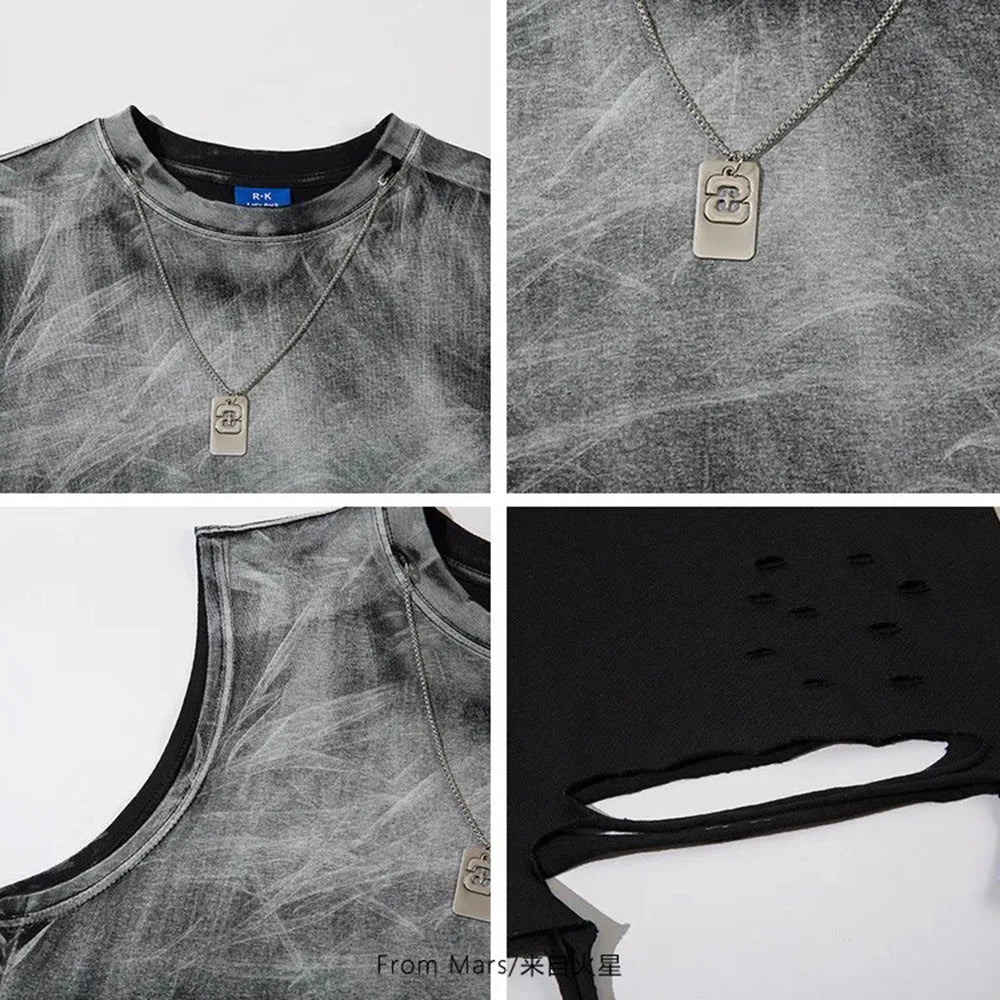 Summer New Men's Color Matching Raw Edge Sleeveless Vest American Retro Fashion Trend Street Loose Breathable Niche Men's Tops