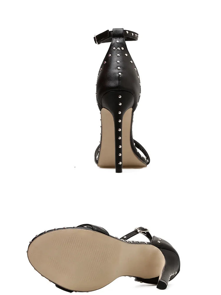 Women Sandals High Heels 2025 Summer Thin Heel PU Leather Rivet Peep Toe Sexy Party Shoes Sandalia Feminina Zapatos Mujer